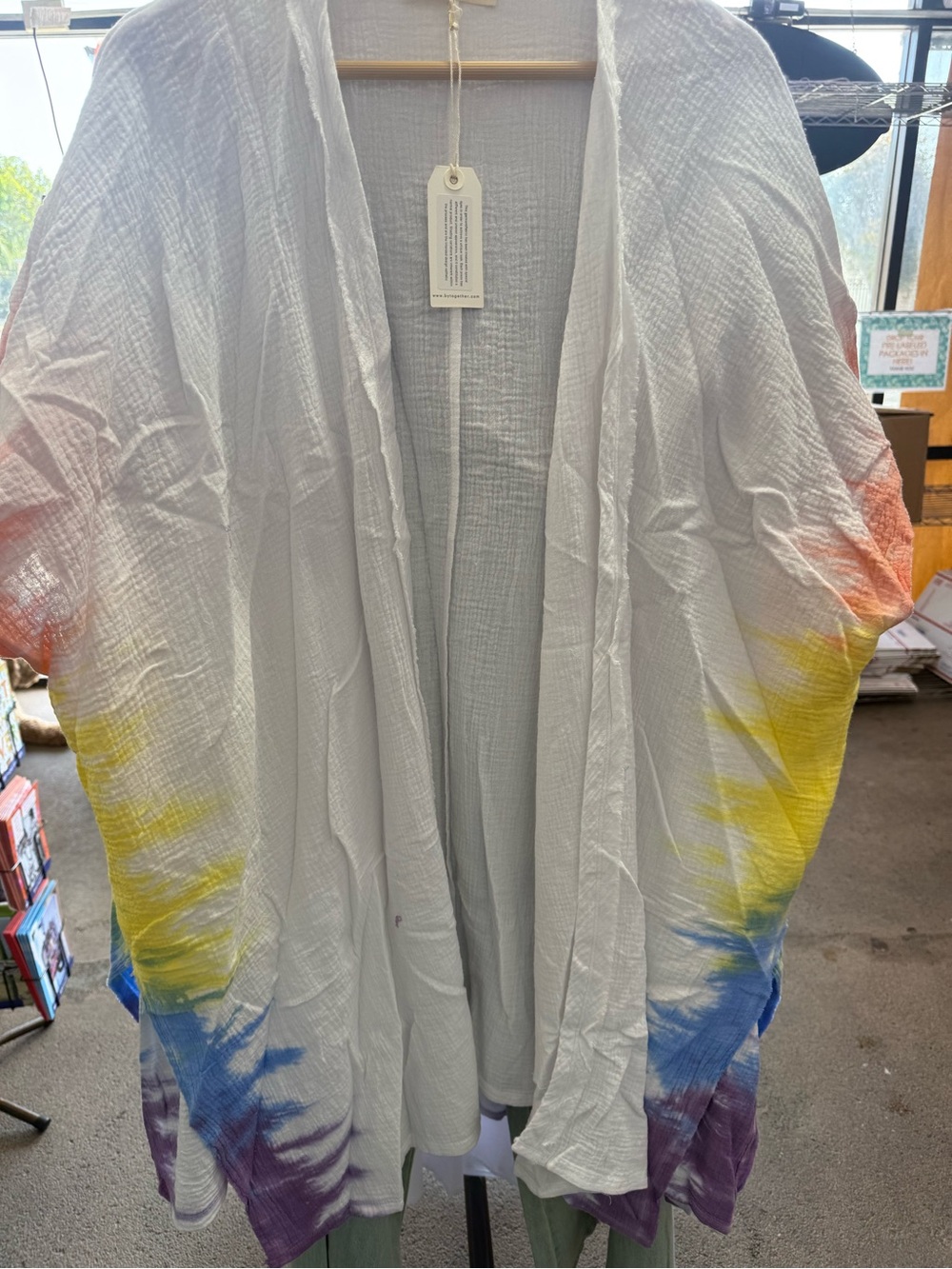 NWT White Gauze Kimono Cardigan with Rainbow Dip-Dye